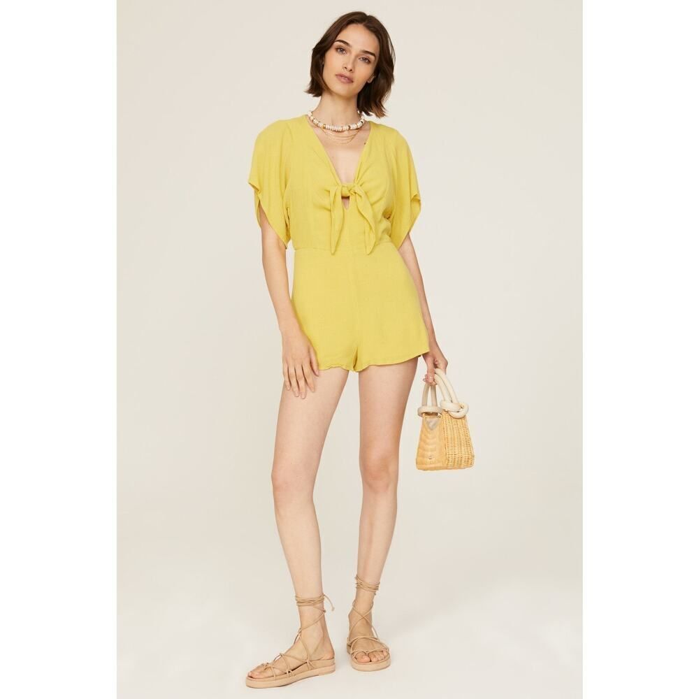 Louna Tie Romper Women's Small Yellow Mustard Short Flutter Sleeve V-Neck RTR